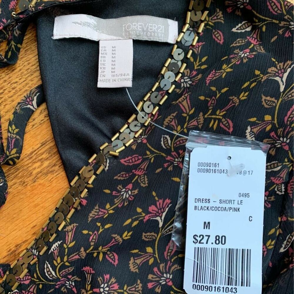 Forever 21 Contemporary Womens A Line Dress Black Floral Tie Embellished M New - Picture 6 of 7